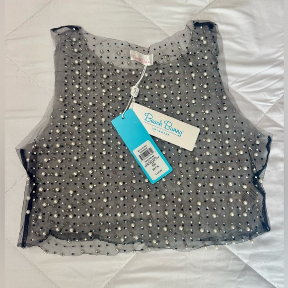 Beach Bunny Glitzy Girl Mesh Pearl Top & Skirt Set in Black - Picture 3 of 5